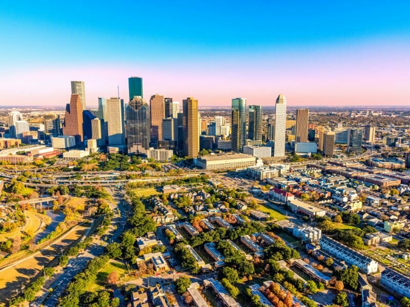 The downtown skyline of Houston, Texas, the city at the center of the clean energy transition.