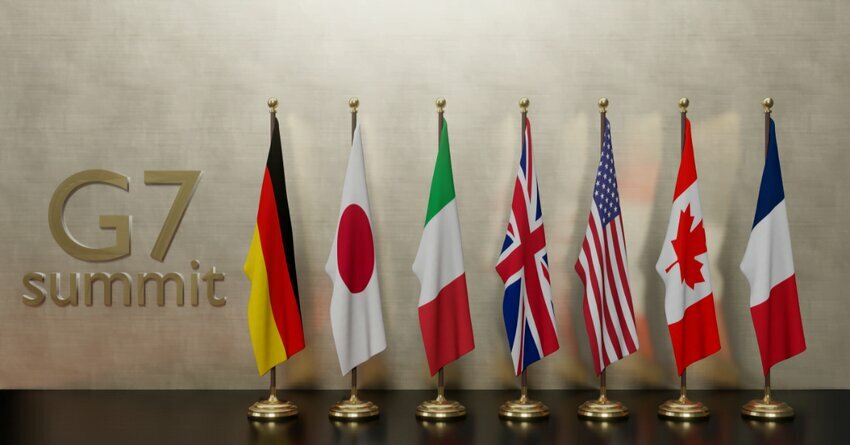 The Group of 7 Country's flags are pictured in a line up.