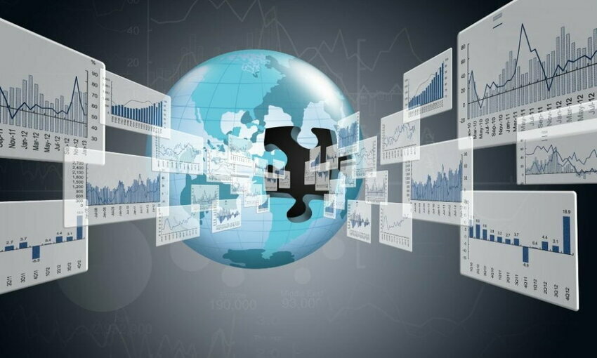 A globe with a missing puzzle piece being filled by graphs and charts.