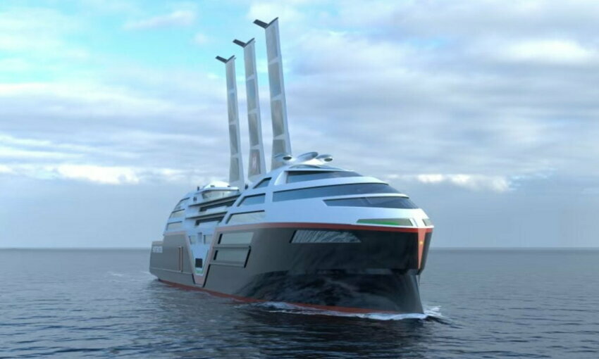 Visual concept of Hurtigruten Norway's Sea Zero initiative, a zero-emission cruise ship, with sails extended.