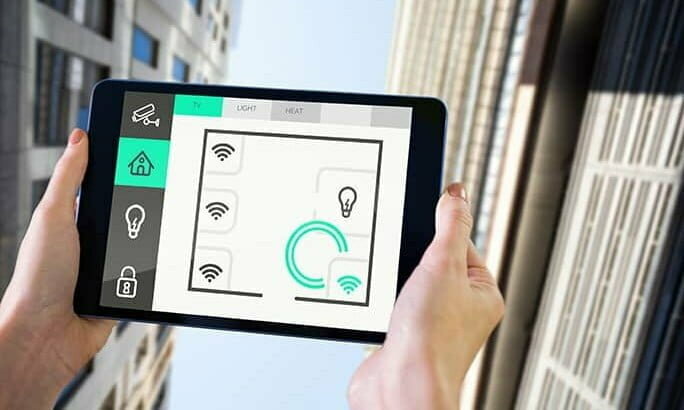 tablet showing lighting and wifi controls for a building