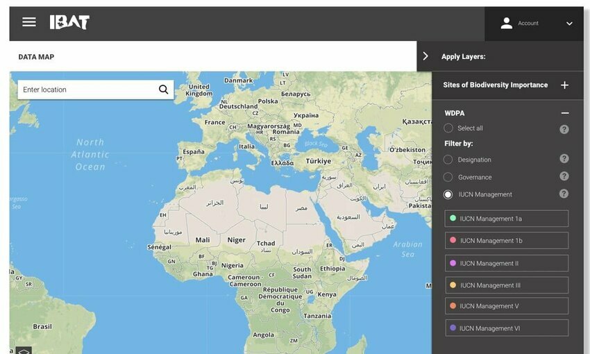map with biodiversity data for Africa and Europe on IBAT online platform